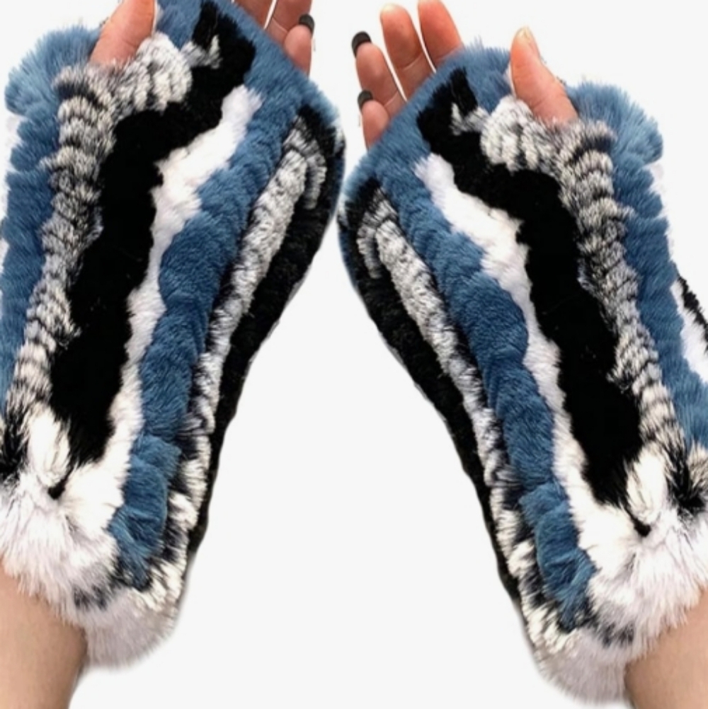 NWT Real Rabbit Fur Gloves Mittens Knit Warm Fingerless, Multicolor